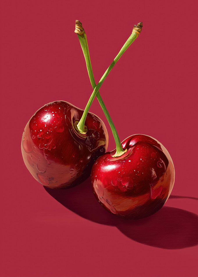 Two Cherries with Stems