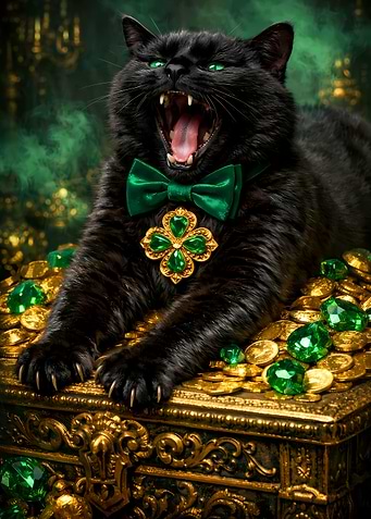 Black Cat St Patrick's Yawning Emerald Green Papillon Golden Medal