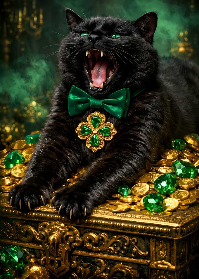 Black Cat St Patrick's Yawning Emerald Green Papillon Golden Medal