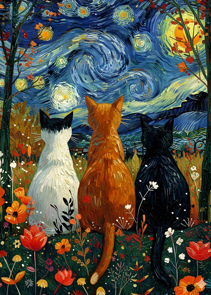 Cats admire Van Gogh's Starry Night