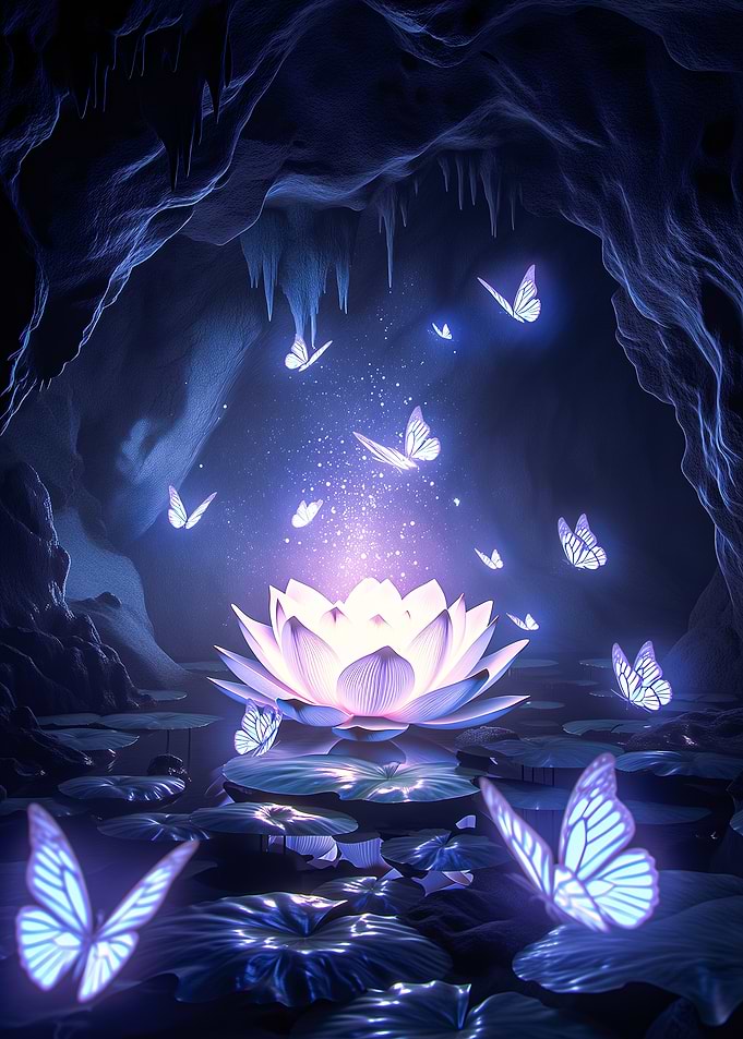 Magical Lotus Flower with Butterflies in Cave