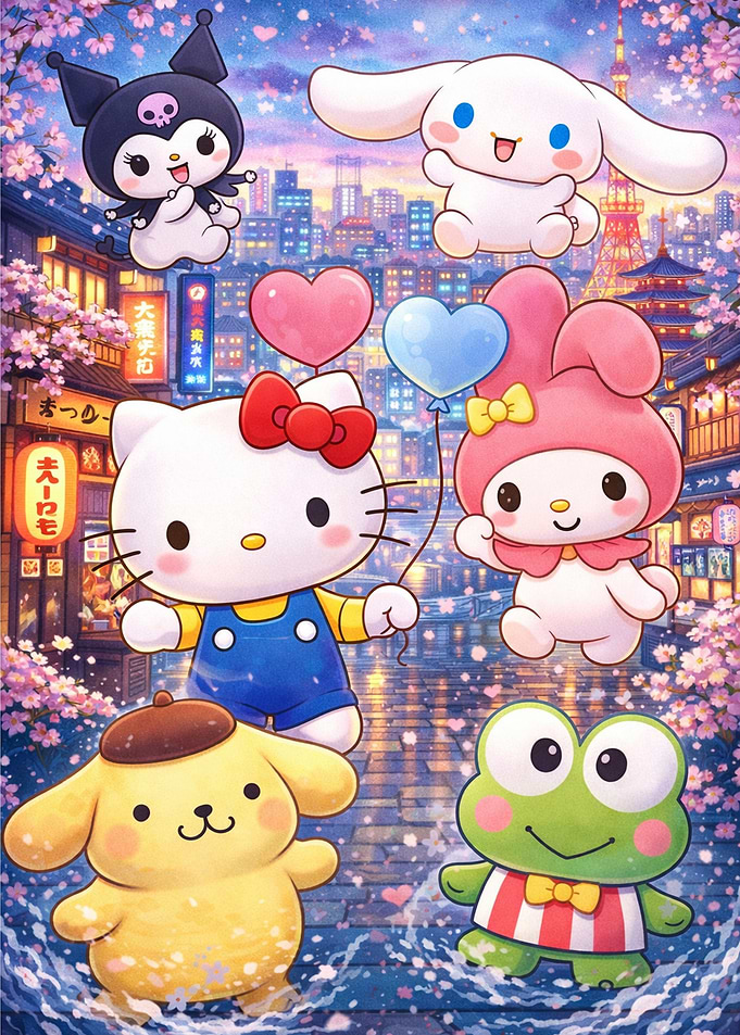 Sanrio Characters in a Japanese Cityscape