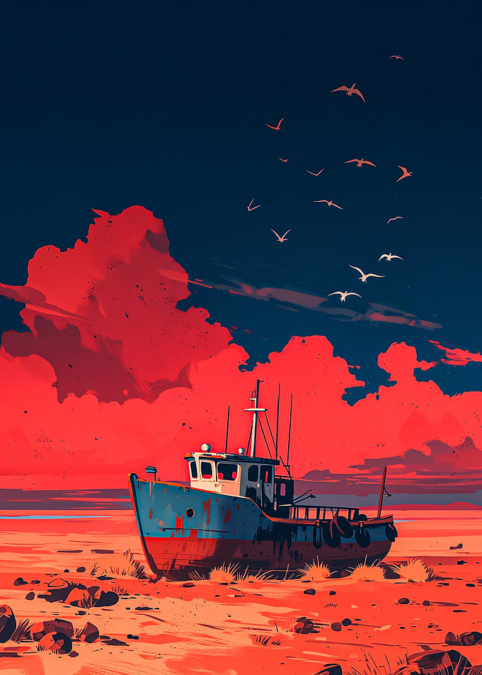 Beached Boat Under Dramatic Sky