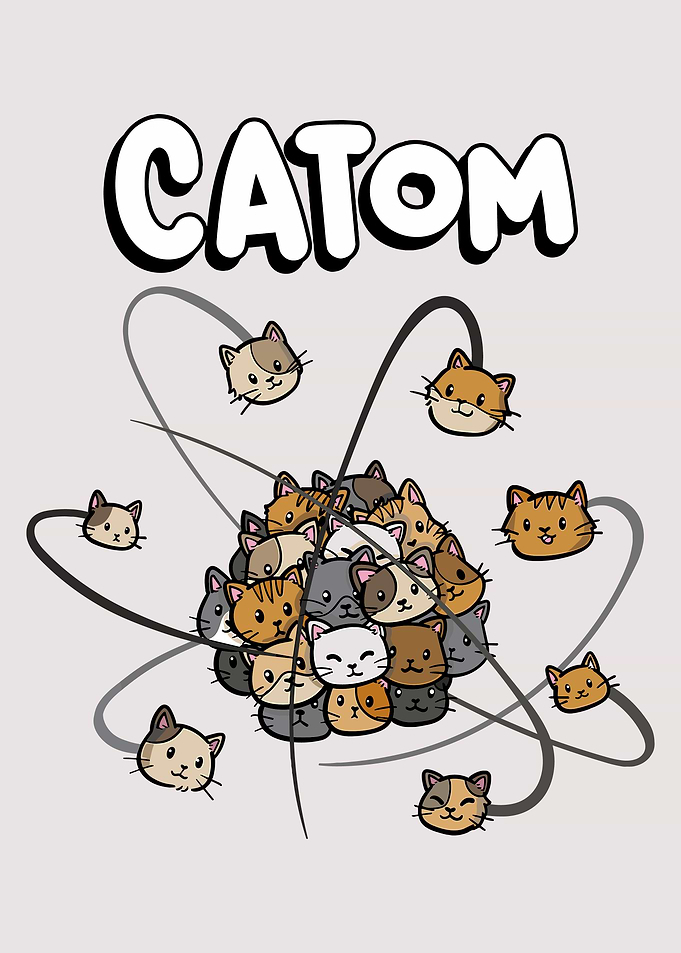 CATOM Poster, Cute Cat Atom Illustration, Funny Science Feline Wall Art Print