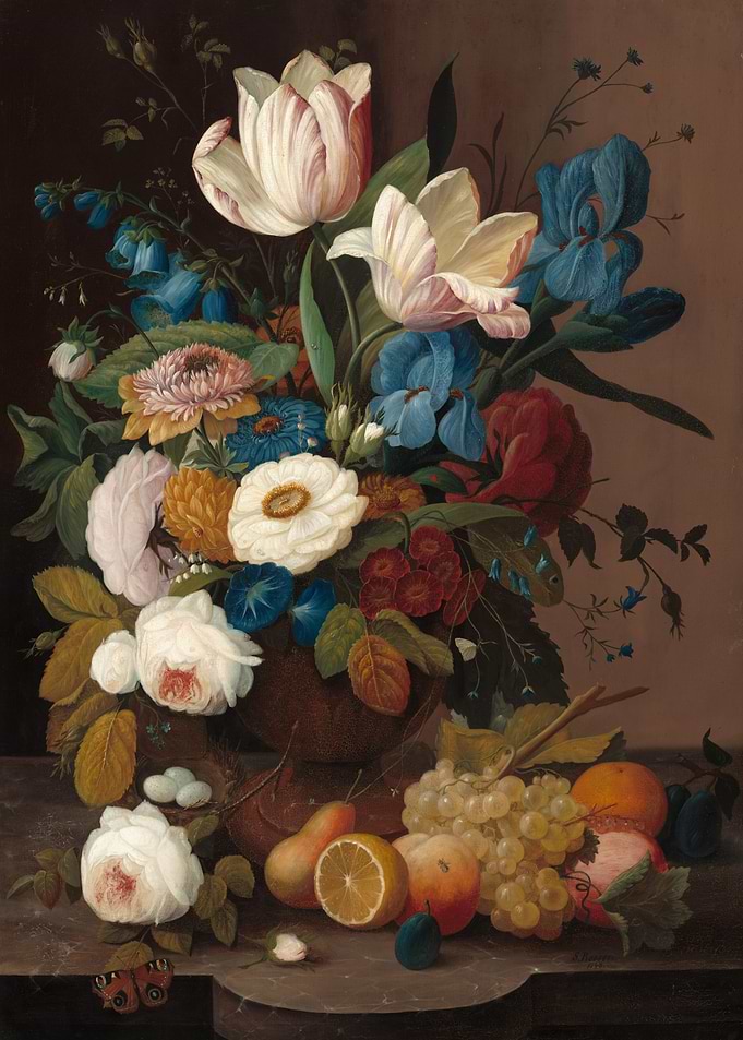 Vase of Flowers with Fruit and Butterfly