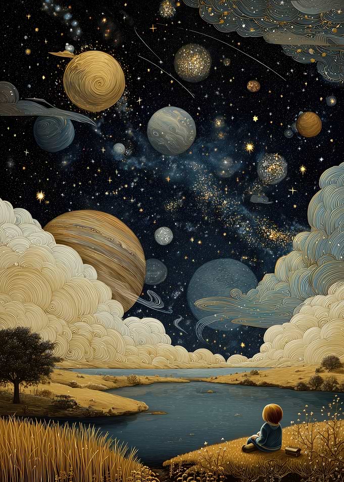 Child Gazing at Cosmic Wonders