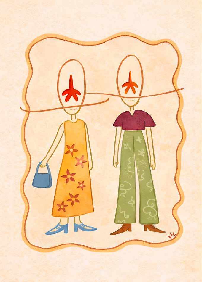 Stylized figures in floral outfits