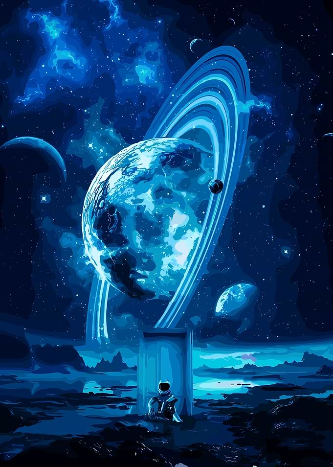 Astronaut Gazing at Ringed Planet