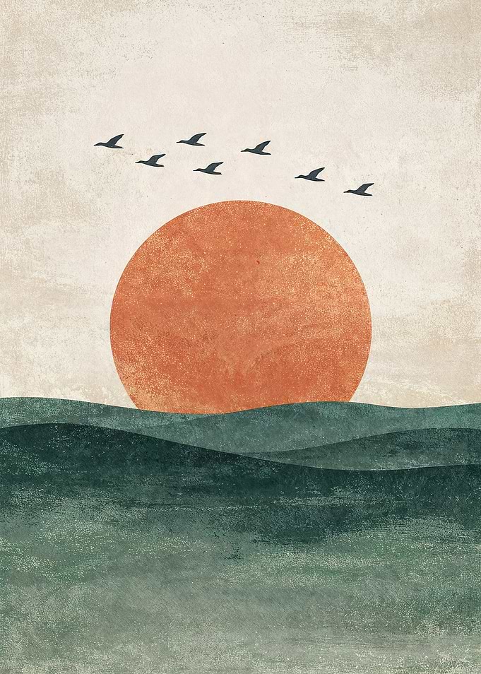 Japandi Rising Sun and Birds Over Green Sea