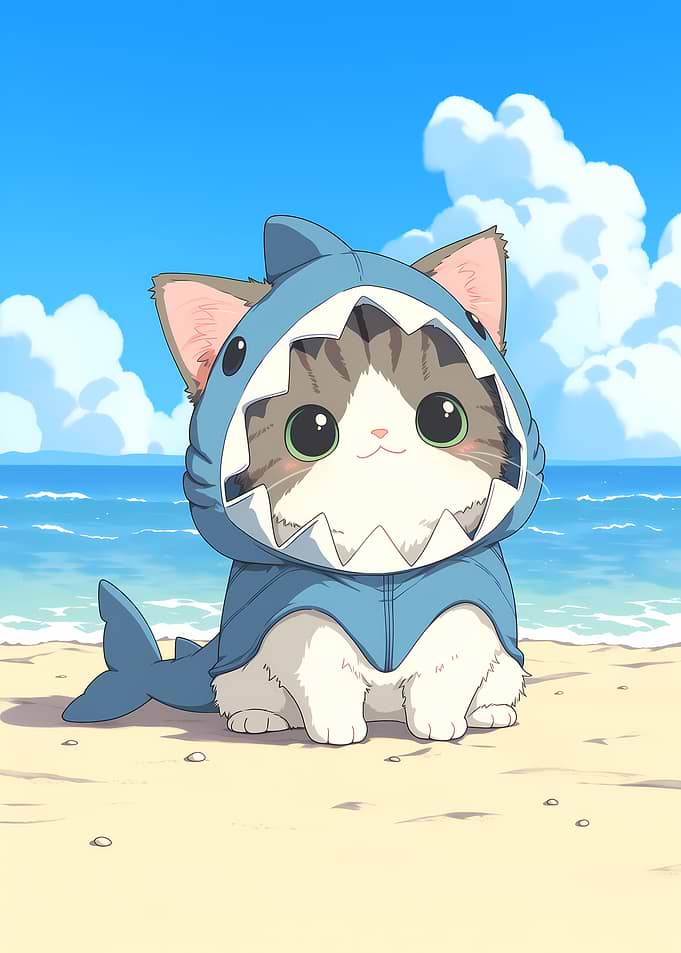 Cute Cat in Shark Costume on Beach