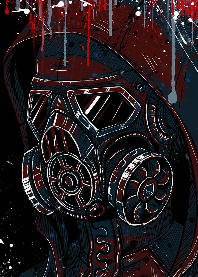 Man in Gas Mask with Red and Blue Accents
