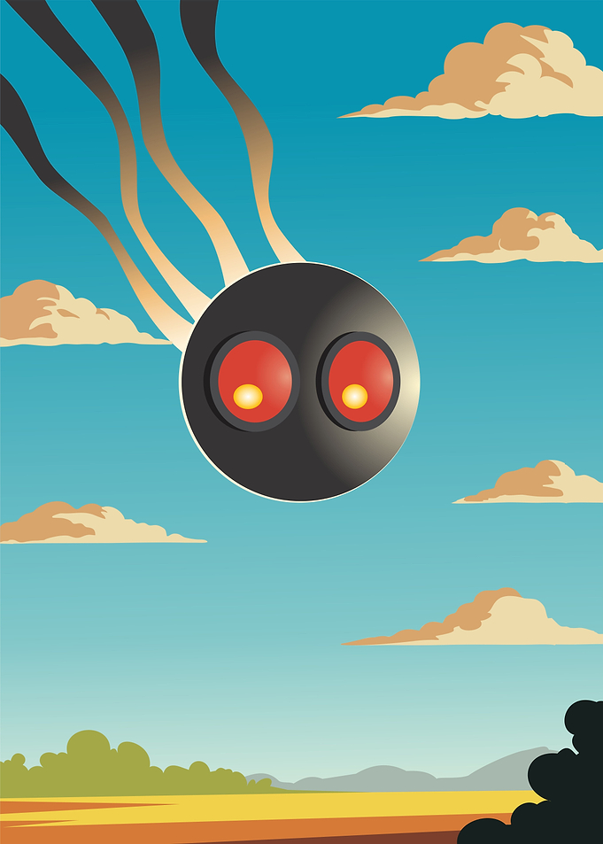 Alien UFO with red eyes in the sky