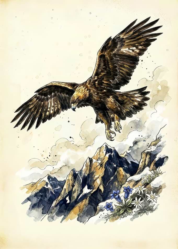 Alpine Golden Eagle Watercolor Art - Swiss Alps Bird of Prey Poster - Vintage Field Guide Mountain Decor