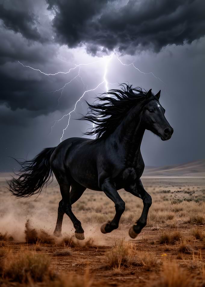 Black Horse Running in Lightning Storm
