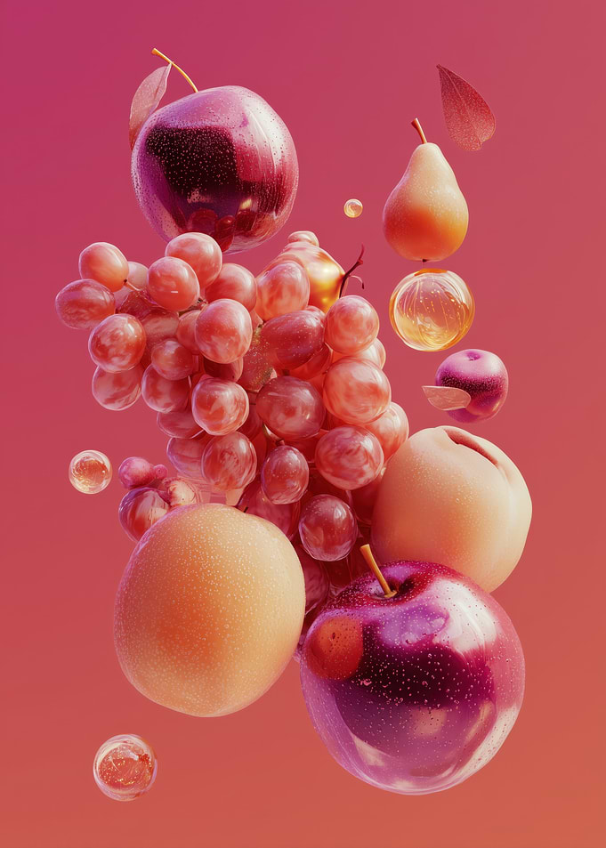 Floating Fruits and Bubbles