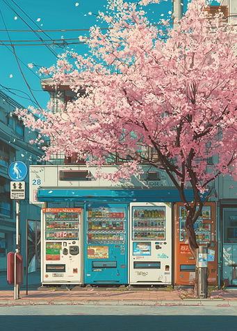 Anime vending machines under cherry blossoms
