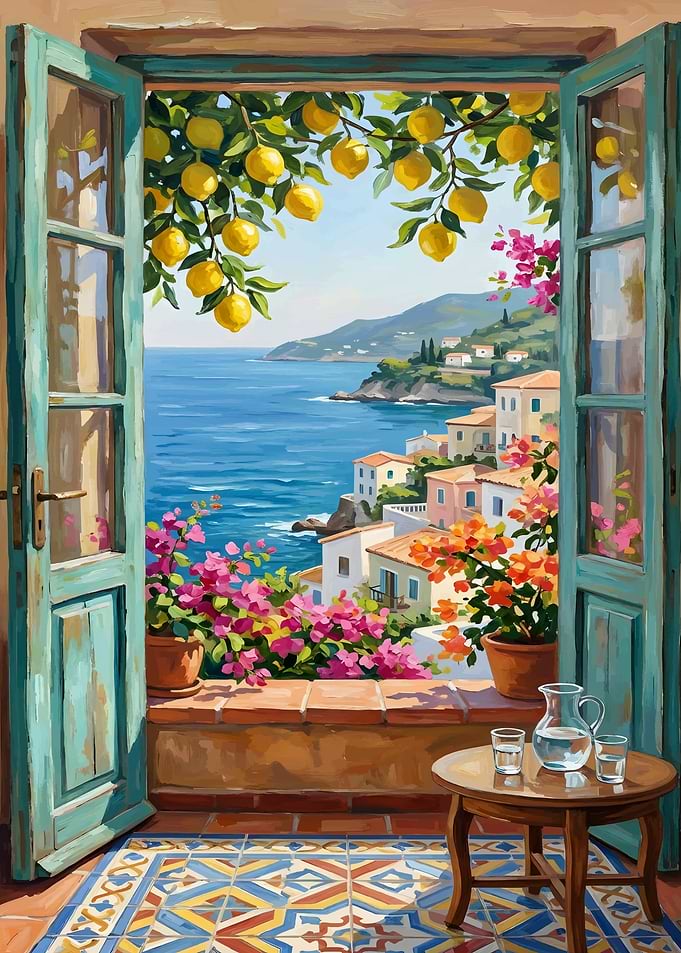 Mediterranean Coastal View Through Open Doors