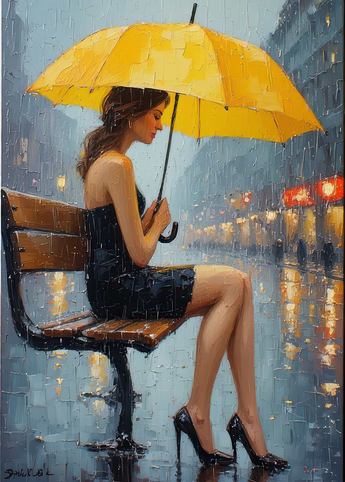 Woman in black dress sitting alone on rainy city bench with yellow umbrella