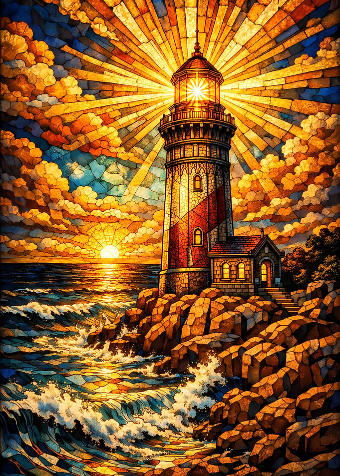 Stained Glass Lighthouse at Sunset