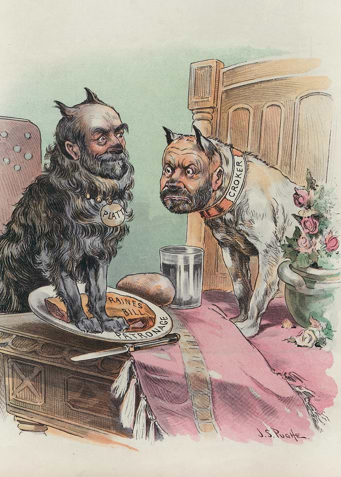 Political Cartoon Dogs at Dinner