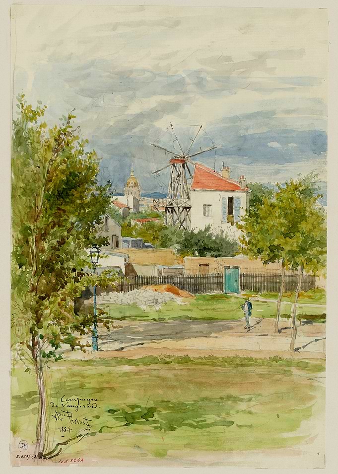 Countryside scene with windmill and distant city