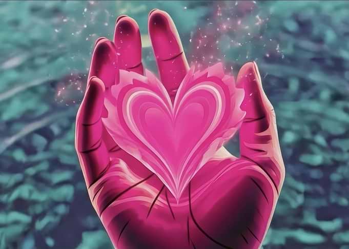 Hands holding a glowing pink heart