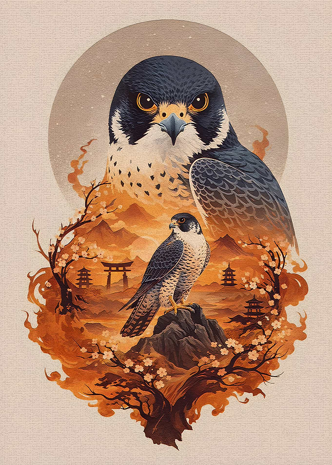 Peregrine Falcons in Japanese Landscape