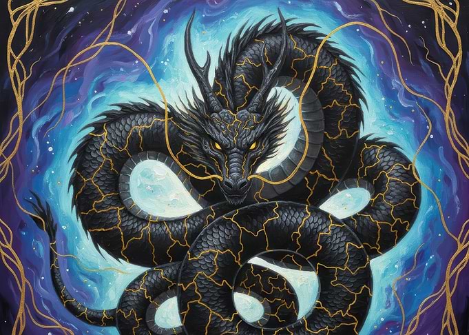 Kintsugi Black Dragon with Golden Accents