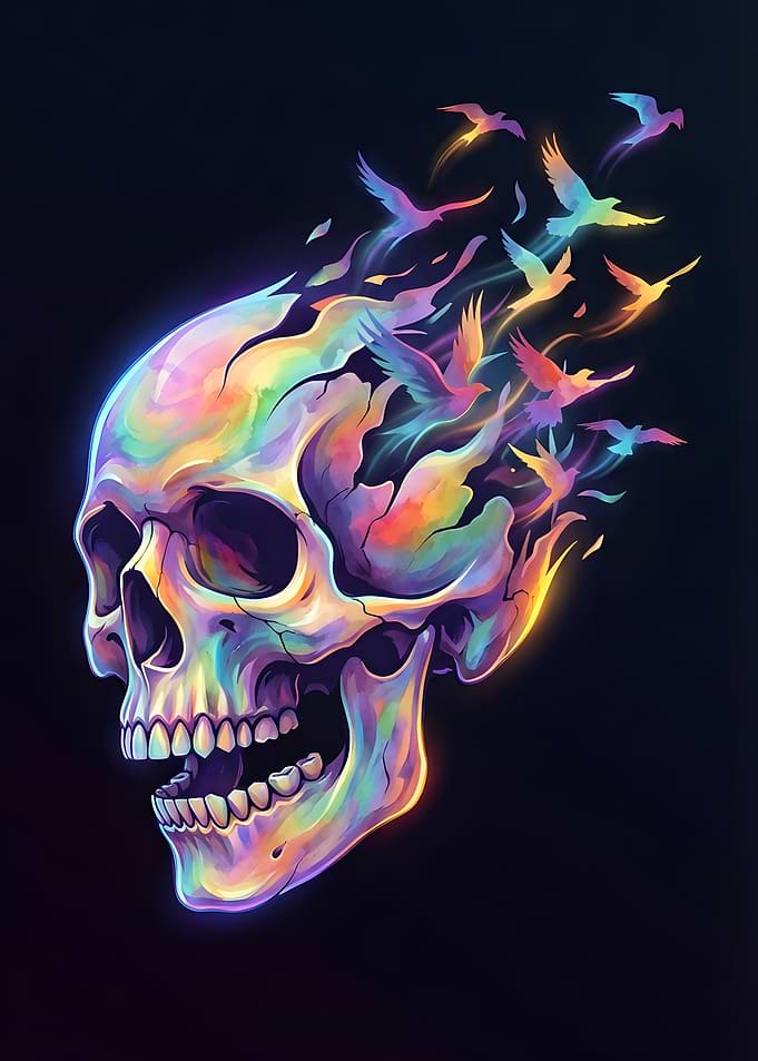 Rainbow Skull with Birds
