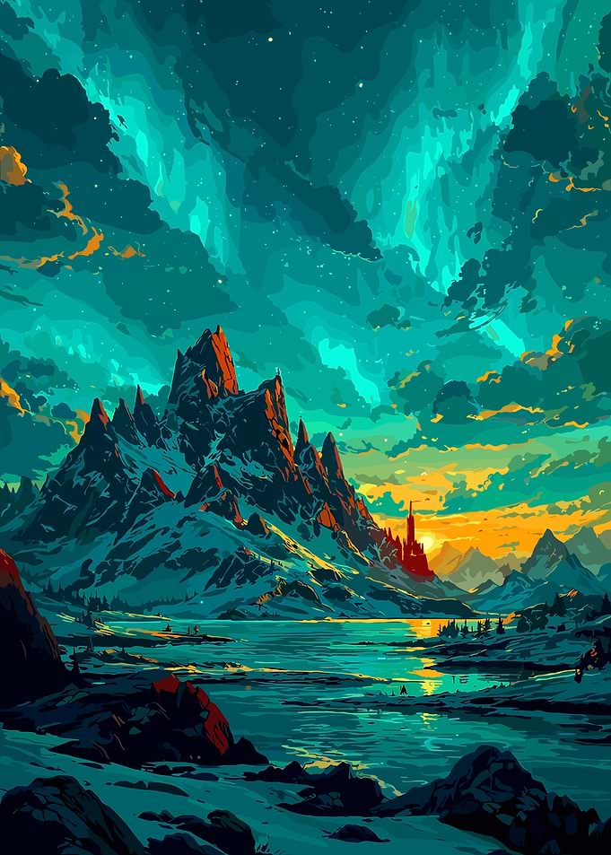Fantasy Mountain Landscape with Aurora