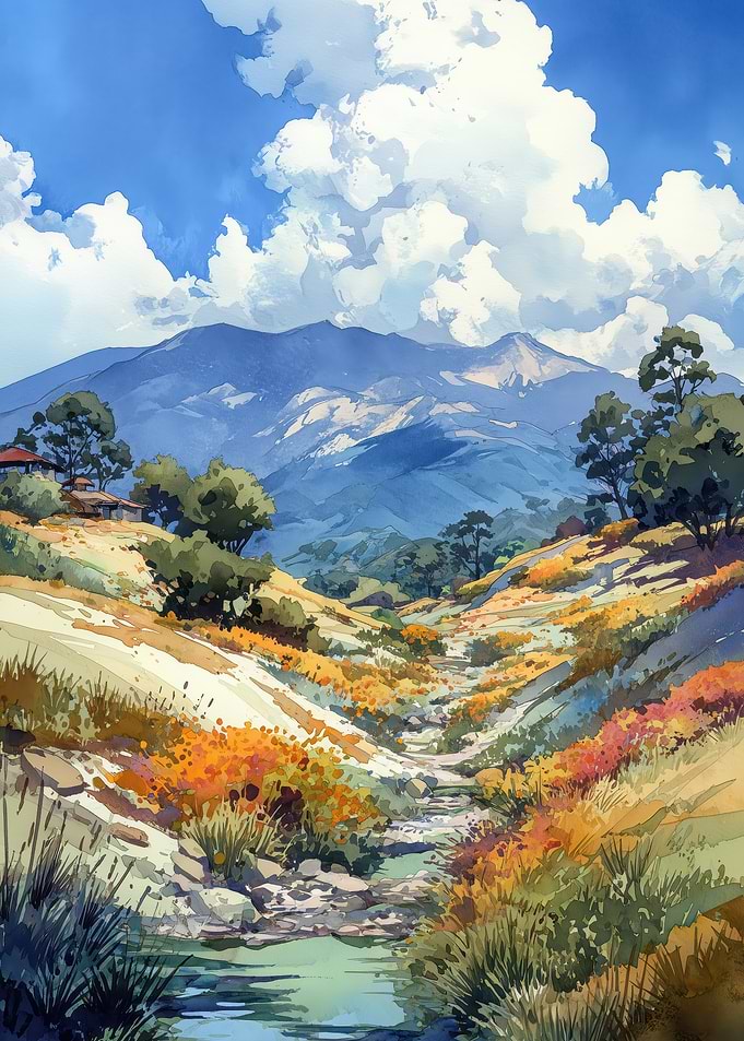 Watercolor Landscape of Mountains and Valley