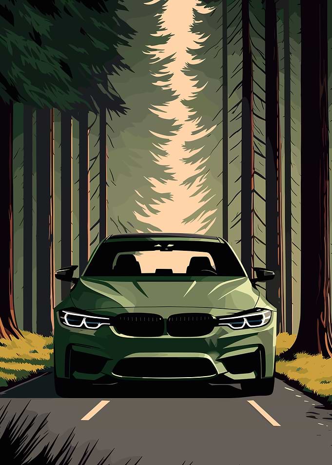 Green Car Driving Through Forest