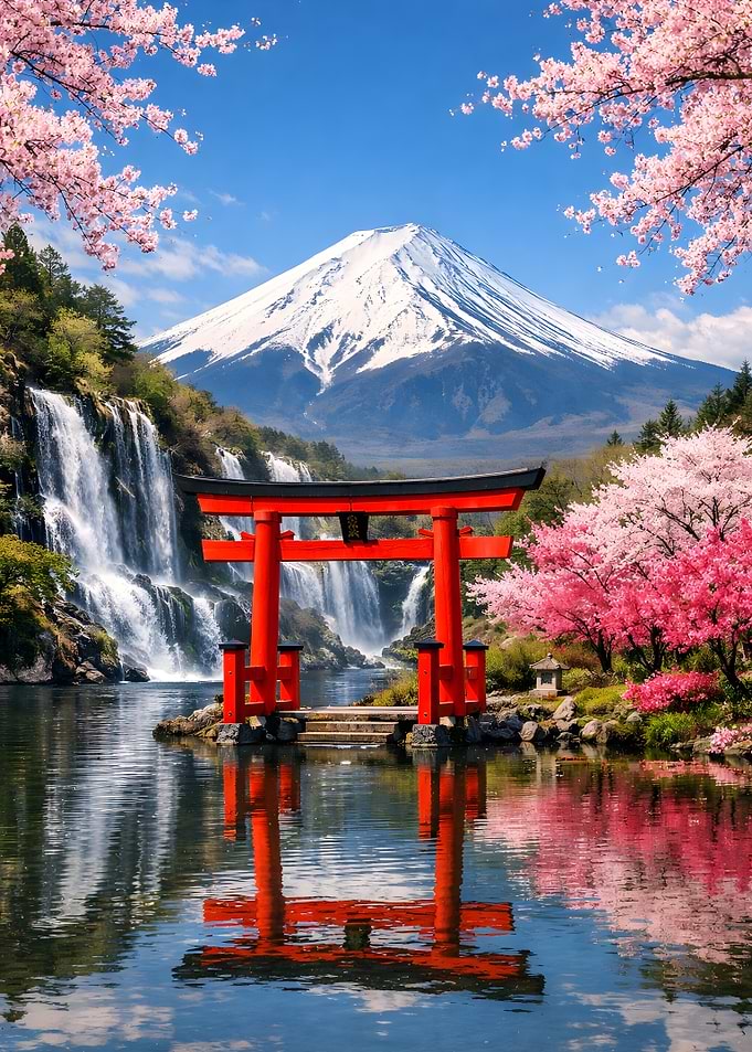 Mount Fuji with Torii Gate and Cherry Blossoms