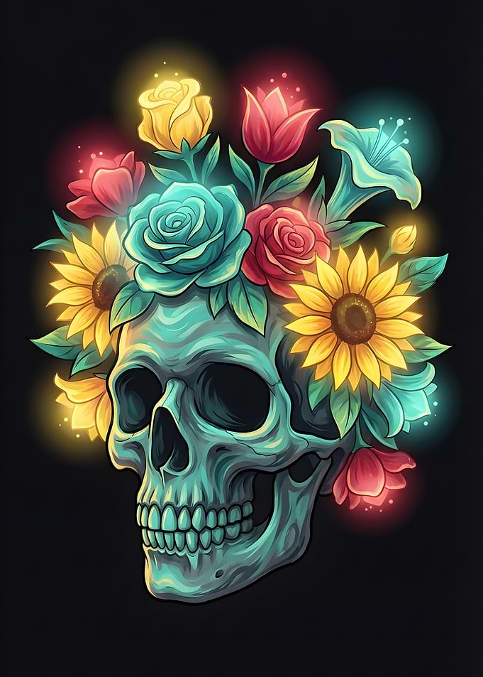 Skull with Glowing Flowers