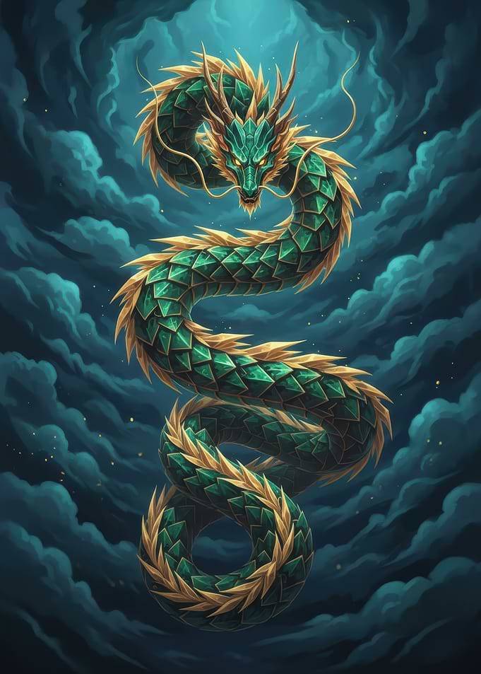 Green Dragon in Dark Clouds