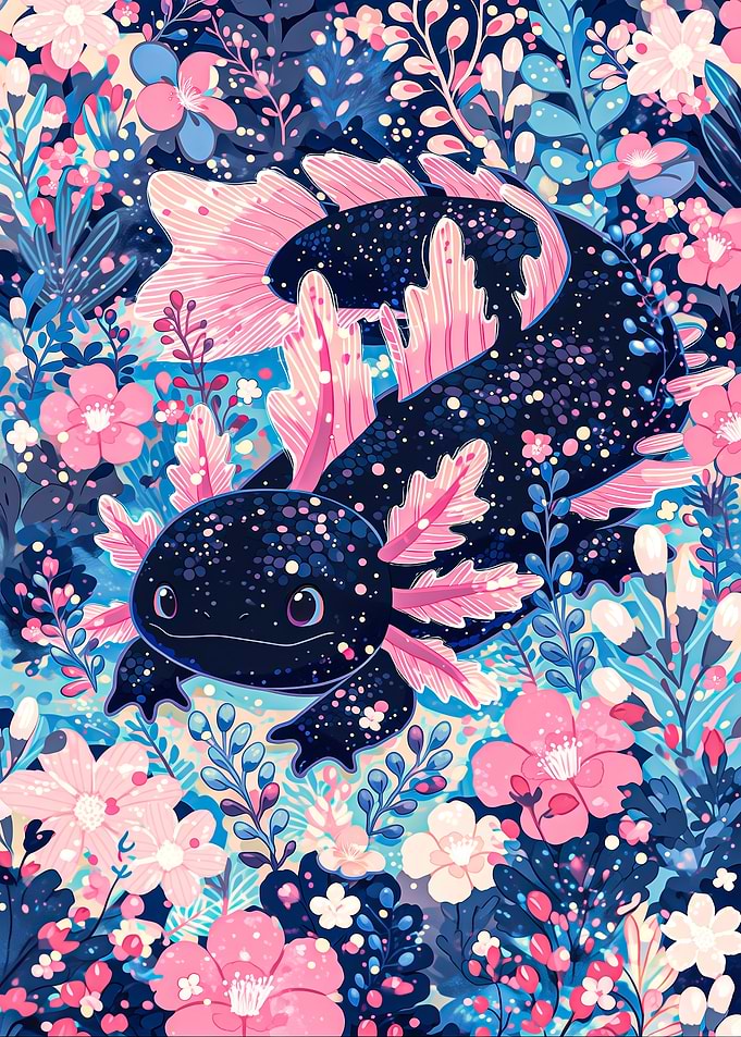 Cute Axolotl in Floral Garden