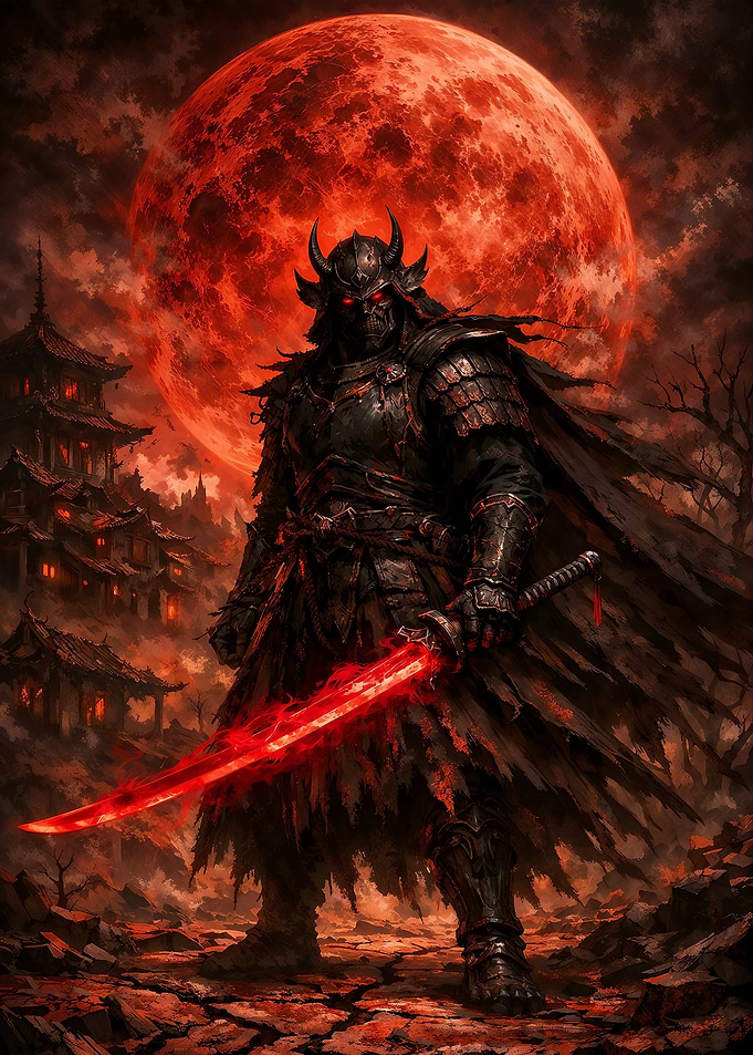 Oni Samurai Under Red Moon