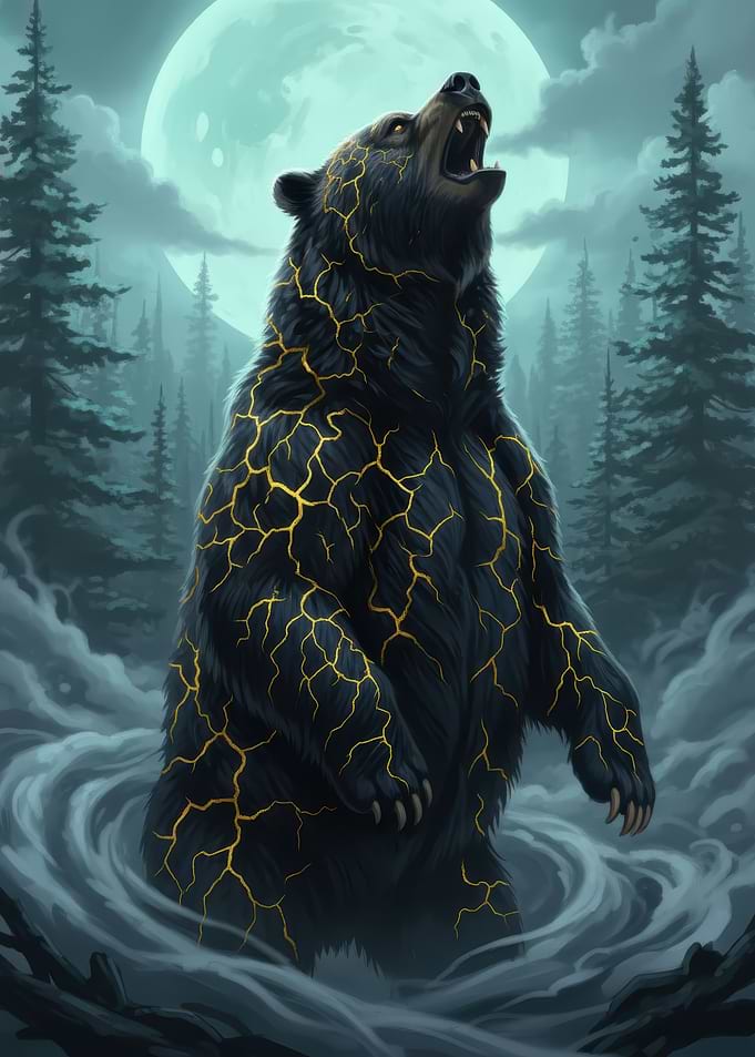 Bear with glowing cracks in forest