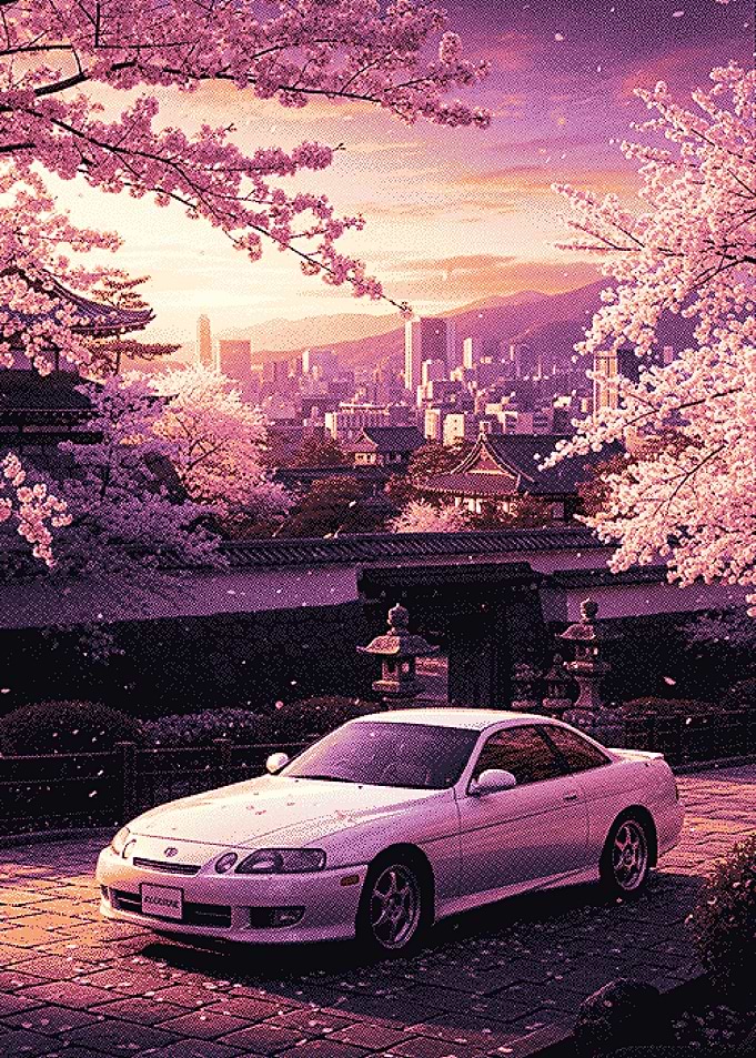 White Coupe Under Cherry Blossoms
