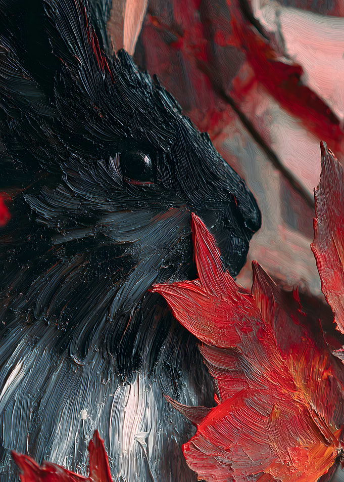 Close-up of a black creature with red leaves