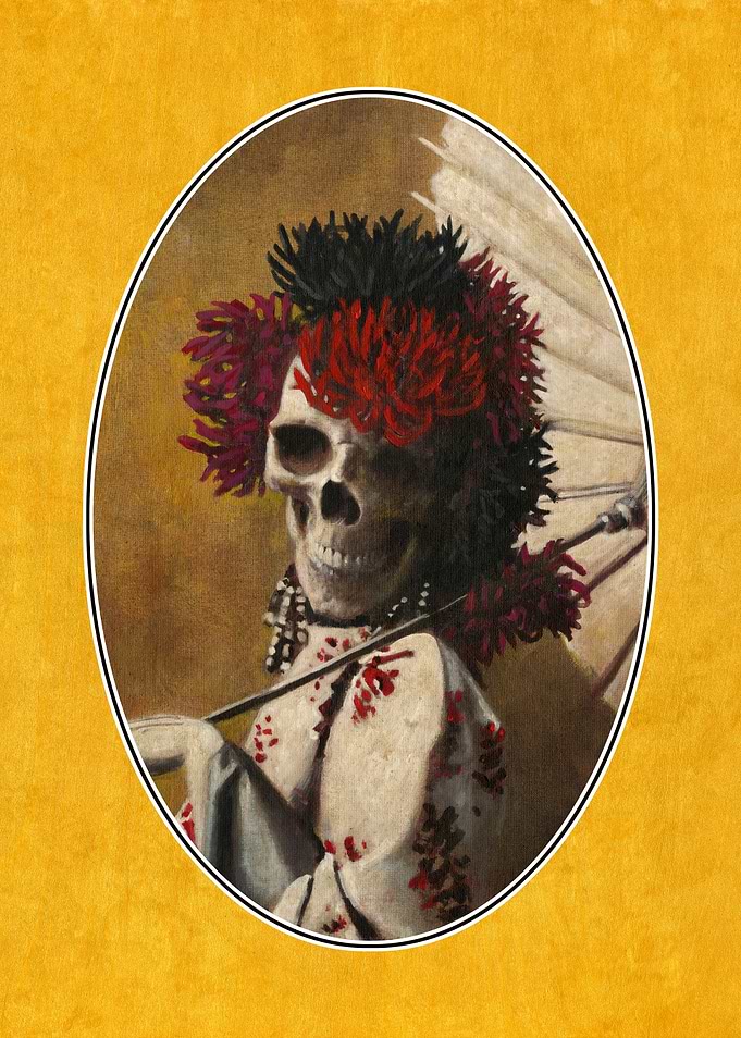 Skeleton with Floral Headdress and Parasol
