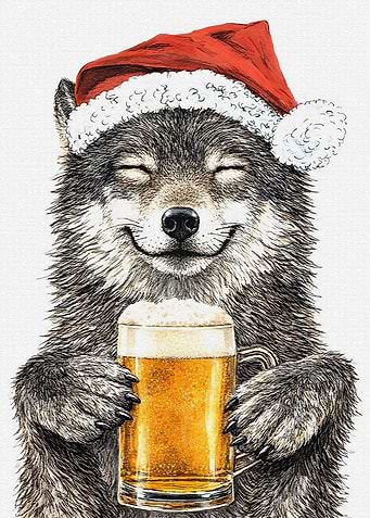 Wolf in Santa hat with beer
