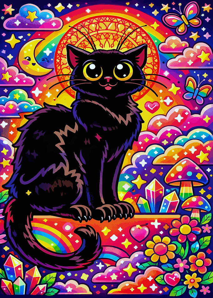 Psychedelic Black Cat with Rainbows and Mushrooms
