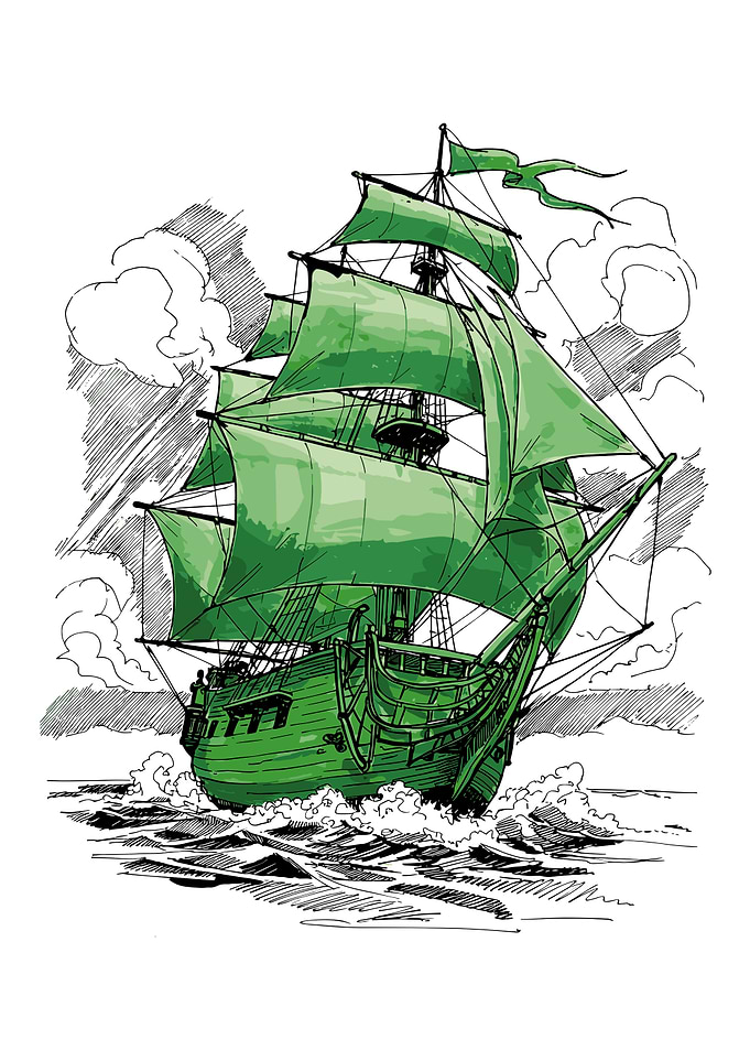 Green Ship Sailing On The Rough Sea