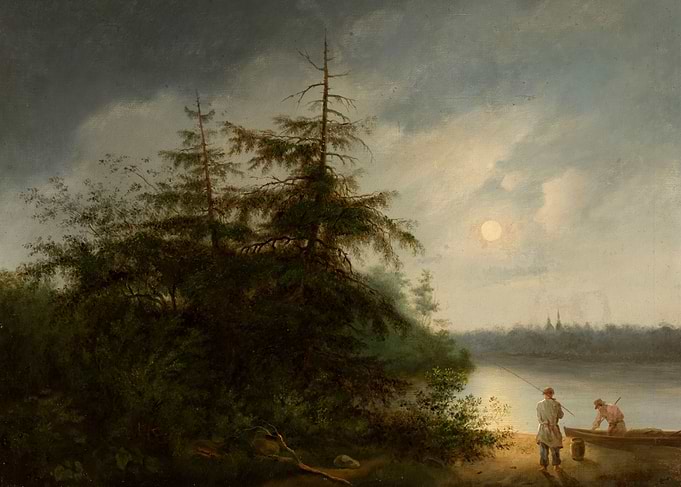 Fishermen by the Moonlit Lake