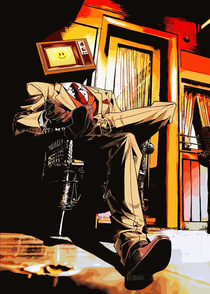Man with TV head relaxing