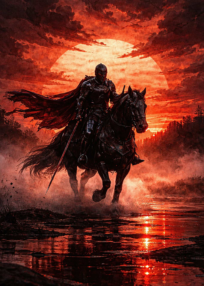 Knight on Horseback at Sunset