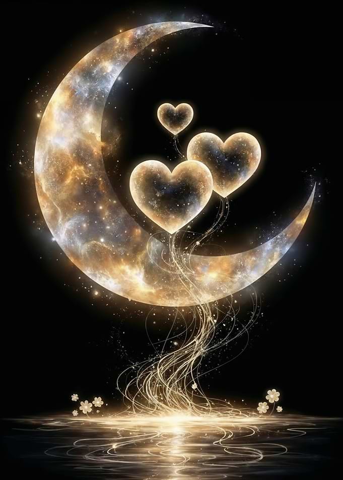 Celestial Hearts on Crescent Moon