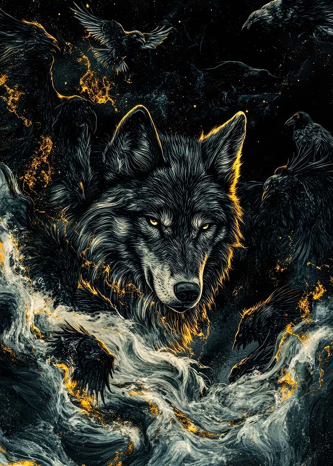 Wolf surrounded by crows and fire