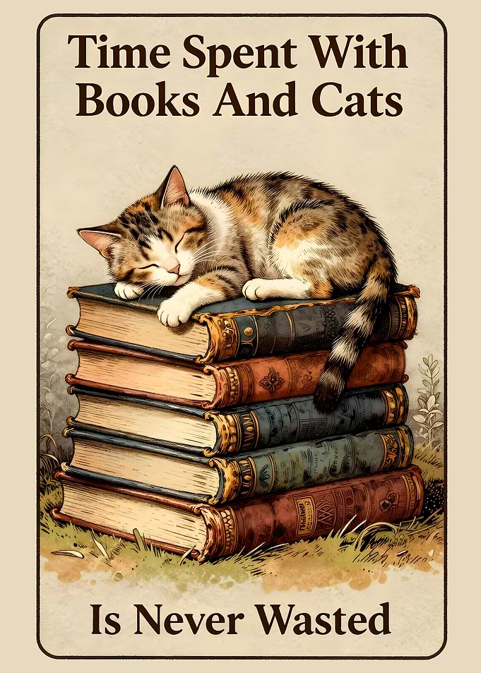 Cat Sleeping on Stack of Books